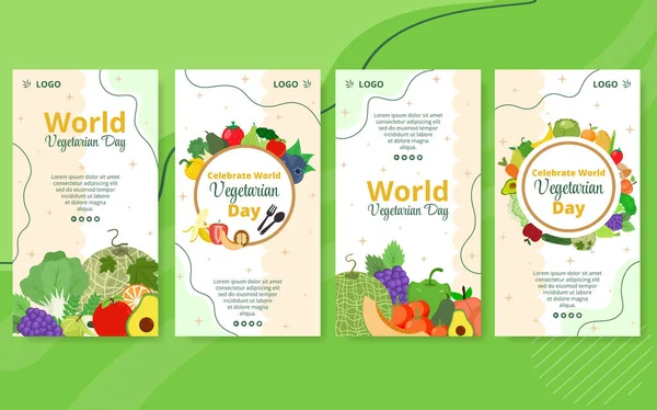 Día Mundial Vegetariano Historias Plantilla Diseño Plano Ilustración Editable Fondo — Vector de stock