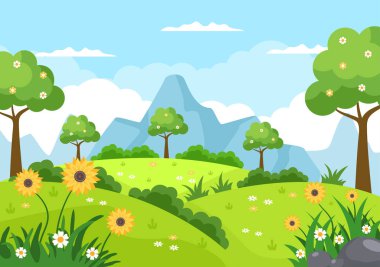 Çiçek Mevsimi, Gökkuşağı ve Terfi Planı, Dergiler, Reklamcılık ya da Web Siteleriyle İlkbahar Zamanı Peyzajı. Doğa Vektörü illüstrasyonu