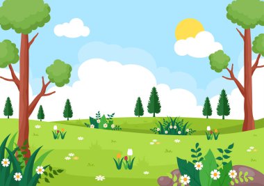 Çiçek Mevsimi, Gökkuşağı ve Terfi Planı, Dergiler, Reklamcılık ya da Web Siteleriyle İlkbahar Zamanı Peyzajı. Doğa Vektörü illüstrasyonu