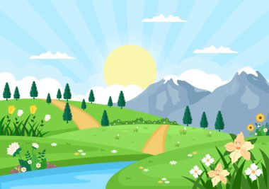 Çiçek Mevsimi, Gökkuşağı ve Terfi Planı, Dergiler, Reklamcılık ya da Web Siteleriyle İlkbahar Zamanı Peyzajı. Doğa Vektörü illüstrasyonu