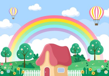 Çiçek Mevsimi, Gökkuşağı ve Terfi Planı, Dergiler, Reklamcılık ya da Web Siteleriyle İlkbahar Zamanı Peyzajı. Doğa Vektörü illüstrasyonu