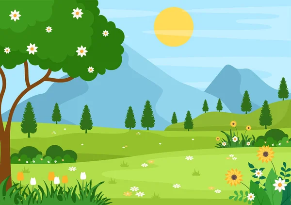 Çiçek Mevsimi, Gökkuşağı ve Terfi Planı, Dergiler, Reklamcılık ya da Web Siteleriyle İlkbahar Zamanı Peyzajı. Doğa Vektörü illüstrasyonu