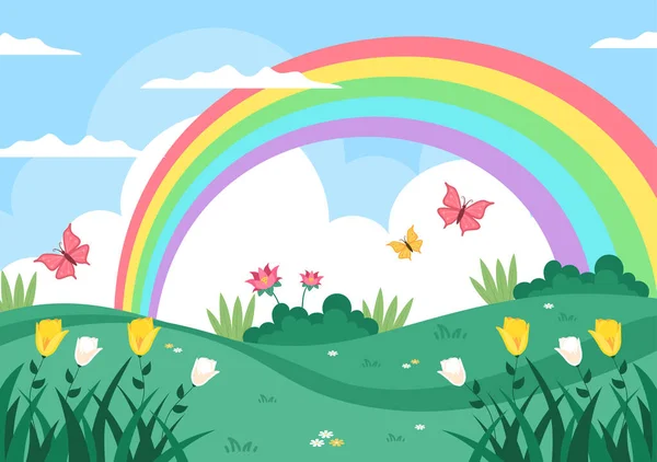 Spring Time Landscape Background Flowers Season Rainbow Plant Promotions Magazines — стоковий вектор