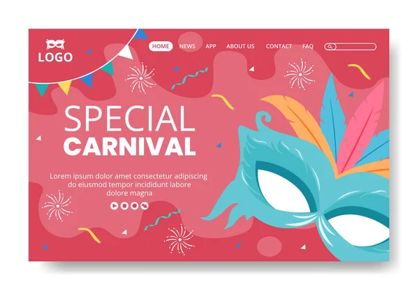 Frohe Karnevalsfeier Landing Page Template Flache Illustration Editierbar Quadratischen Hintergrund — Stockvektor