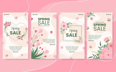 Çiçeklerle Bahar Satışı Flat Resimleri Şablonu Sosyal Medya veya Tebrik Kartı İçin Uygun Kare Arkaplanı Düzenleme Şablonu