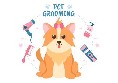 Düz Çizgi El 'deki Kedi ve Köpekler İçin Hayvan Bakımı Arka plan Çizimi. Poster ve Bayrak için Güzellik Salonunda kullanılan Ana Araçlar