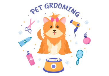 Düz Çizgi El 'deki Kedi ve Köpekler İçin Hayvan Bakımı Arka plan Çizimi. Poster ve Bayrak için Güzellik Salonunda kullanılan Ana Araçlar