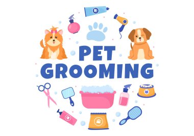 Düz Çizgi El 'deki Kedi ve Köpekler İçin Hayvan Bakımı Arka plan Çizimi. Poster ve Bayrak için Güzellik Salonunda kullanılan Ana Araçlar