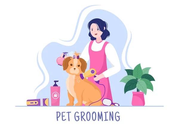 Pet Grooming Dogs Cats Flat Cartoon Hand Drawn Background Illustration — Stock Vector