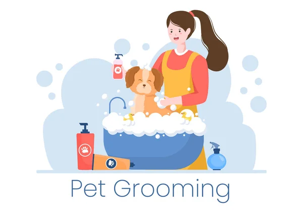 Pet Grooming Dogs Cats Flat Cartoon Hand Drawn Background Illustration — Stock Vector