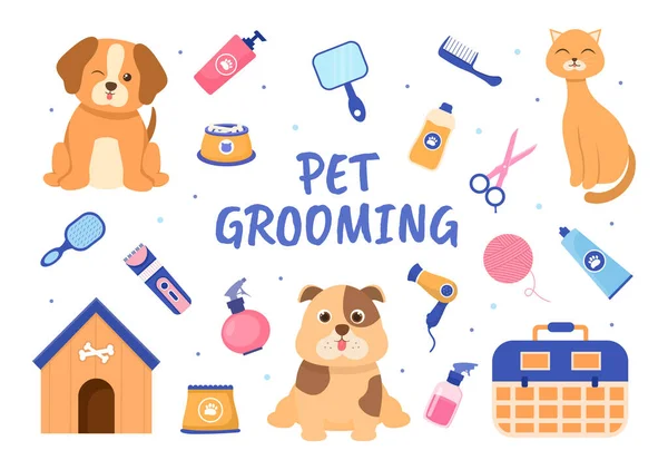 2010 Pet Grooming Dogs Cats Flat Cartoon Hand Draw Background — 스톡 벡터