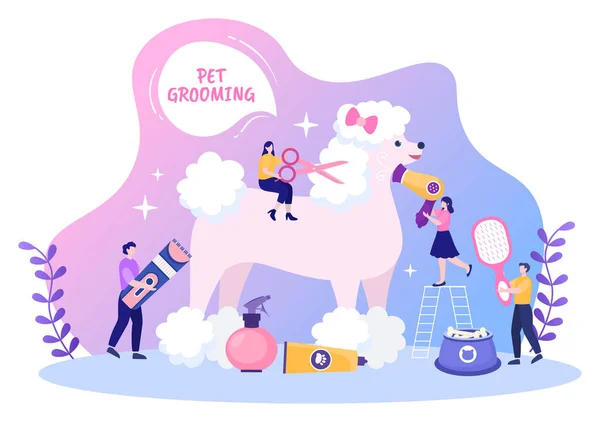 Pet Grooming Dogs Cats Flat Cartoon Ręcznie Rysowane Tło Ilustracja — Wektor stockowy