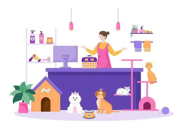 Pet Grooming Para Cães Gatos Desenhos Animados Planos Ilustração Fundo — Vetor de Stock