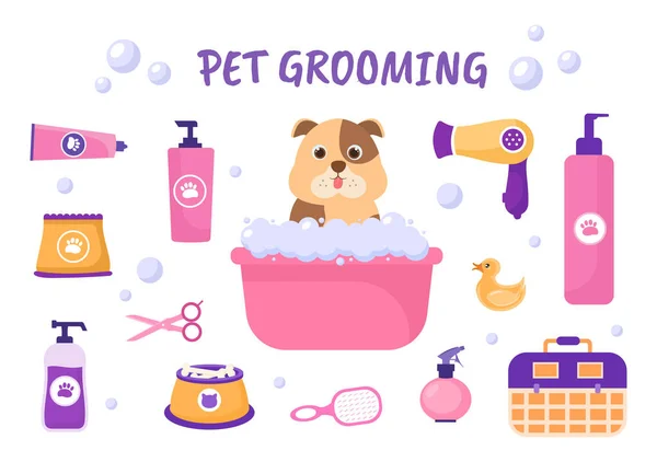 Pet Grooming Dogs Cats Flat Cartoon Hand Getekend Achtergrond Illustratie — Stockvector