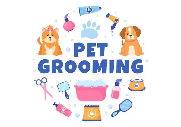 Pet Grooming Dogs Cats Flat Cartoon Hand Drawn Background Illustration — Stock Vector