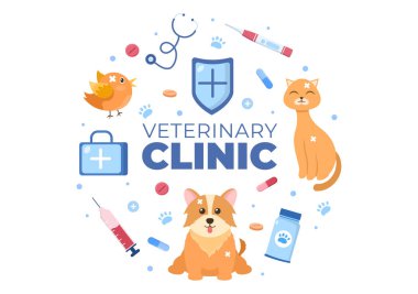 Düz Çizgi filmdeki Köpekler ve Kediler İçin Veteriner Kliniği İnceleme, Aşı ve Sağlık Hizmetleri Poster veya Sancak İçin Foton Vektör İlülasyonu