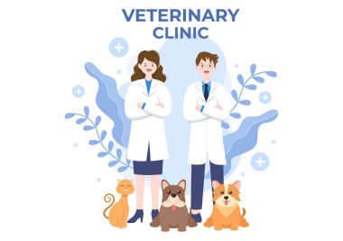 Düz Çizgi filmdeki Köpekler ve Kediler İçin Veteriner Kliniği İnceleme, Aşı ve Sağlık Hizmetleri Poster veya Sancak İçin Foton Vektör İlülasyonu