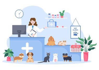 Düz Çizgi filmdeki Köpekler ve Kediler İçin Veteriner Kliniği İnceleme, Aşı ve Sağlık Hizmetleri Poster veya Sancak İçin Foton Vektör İlülasyonu