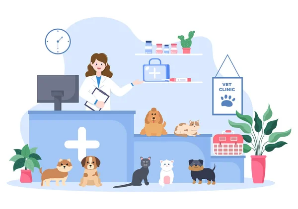 Médico Clínica Veterinaria Que Examina Vacunación Atención Médica Para Mascotas — Vector de stock