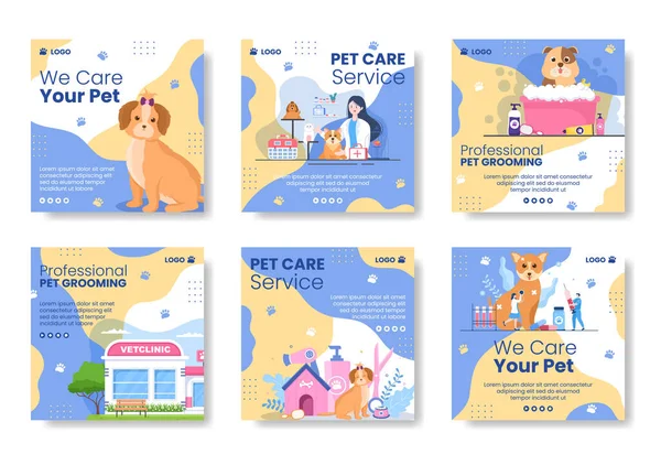 Pet Grooming Animal Clinic Post Template Flat Illustration Έκδοση Square — Διανυσματικό Αρχείο