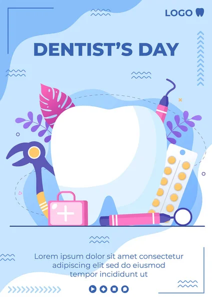 Dentist Day Flyer Template Flat Dental Design Illustration Editable Square — Stock Vector