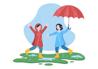 Şirin Çocuk Yağmurluk Giyiyor, Lastik Çizme Giyiyor ve Yağmurun ortasında Şemsiye Taşıyor. Banner veya Poster için Düz Arkaplan Çizgi Filmi Vektör İllüstrasyonu