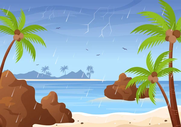 Pioggia Tempesta Sfondo Vettoriale Illustrazione Con Paesaggio Spiaggia Quando Piove — Vettoriale Stock