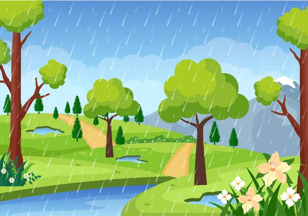 Illustration Vectorielle Fond Tempête Pluie Par Temps Pluvieux Avec Paysage — Image vectorielle