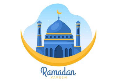 Cami, Fenerler ve Ayla Ramazan Kareem Düz Arkaplan Vektör Resimlerinde Dini İslami Bayram Fitr veya Adha Festival Sancağı veya Poster