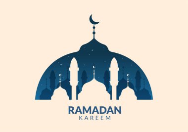 Cami, Fenerler ve Ayla Ramazan Kareem Düz Arkaplan Vektör Resimlerinde Dini İslami Bayram Fitr veya Adha Festival Sancağı veya Poster