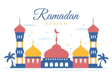 Cami, Fenerler ve Ayla Ramazan Kareem Düz Arkaplan Vektör Resimlerinde Dini İslami Bayram Fitr veya Adha Festival Sancağı veya Poster