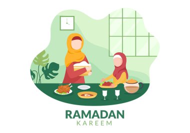 Ramazan Kareem ile Fast, iftar ya da Sahur 'un Düz Arkaplan Arkaplan Vektör İlülasyonu Dini İslami Bayram Fitr ve Adha Festivali Afişi
