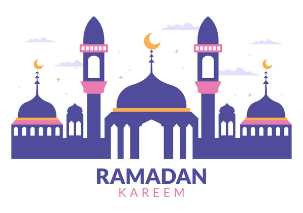 Ramadan Kareem Com Mesquita Lanternas Lua Fundo Plano Vector Ilustração — Vetor de Stock