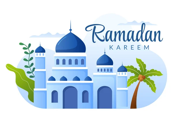 Ramadan Kareem Com Mesquita Lanternas Lua Fundo Plano Vector Ilustração — Vetor de Stock