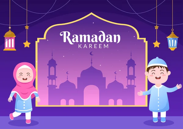 イスラム教の休日のためのフラット背景ベクトルイラストで人 モスク 提灯や月とラマダーンケレム イスラム教のEid FitrやAdha祭りのバナーやポスター — ストックベクタ