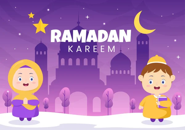 Ramadan Kareem Med Människor Moské Lyktor Och Månen Platt Bakgrund — Stock vektor
