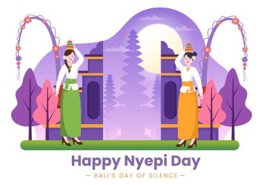 Bali 'deki Hindu Sessizliği Günü' nüz kutlu olsun. Galungan, Kuningan ve Ngembak Geni ile Tapınak Resimlerinin Arkasında.
