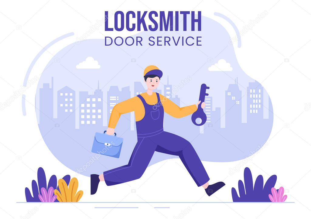 Locksmith Repairman Home Maintenance, Repair and Installation Service with Equipment as Screwdriver or Key in Flat Cartoon Background Illustration