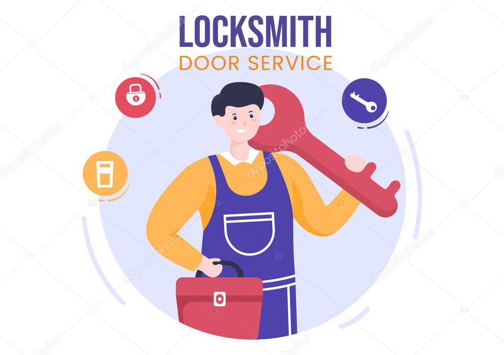 Locksmith Repairman Home Maintenance, Repair and Installation Service with Equipment as Screwdriver or Key in Flat Cartoon Background Illustration