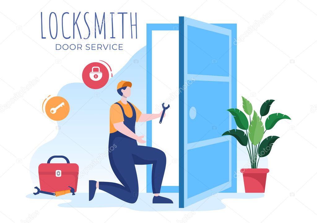 Locksmith Repairman Door Repair, Maintenance and Installation Service with Equipment as Screwdriver or Key in Flat Cartoon Background Illustration