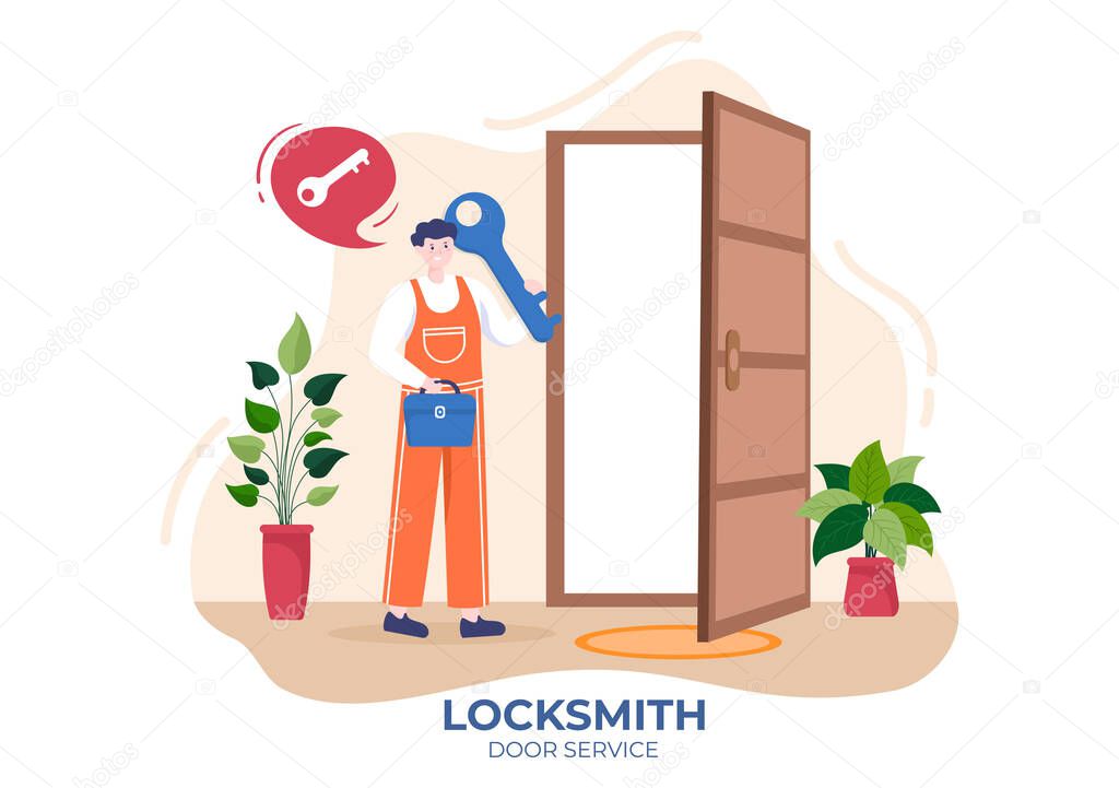 Locksmith Repairman Door Repair, Maintenance and Installation Service with Equipment as Screwdriver or Key in Flat Cartoon Background Illustration