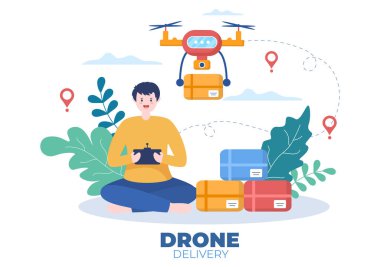 Teslimat Servisi İHA Arkaplan Vektör İllüstrasyonu kullanın. Nakliye Paketi için Modern Teknoloji Aygıtı kullanan Personel Dağıtım Kutuları