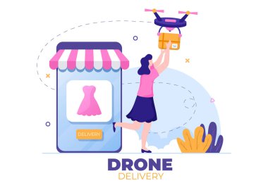 Teslimat Servisi İHA Arkaplan Vektör İllüstrasyonu kullanın. Nakliye Paketi için Modern Teknoloji Aygıtı kullanan Personel Dağıtım Kutuları