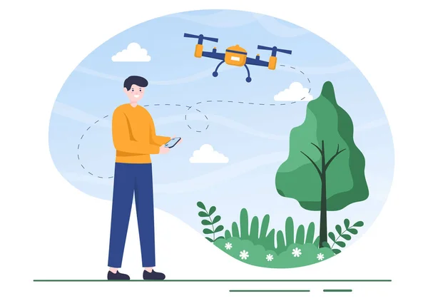 Drohne Mit Kamera Fernbedienung Fliegt Vorbei Fotos Und Videoaufnahmen Flachen — Stockvektor