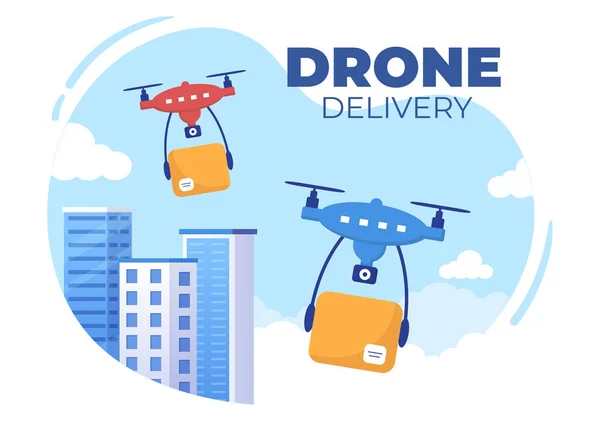 Leveringsservice Gebruik Drone Achtergrond Vector Illustratie Werknemer Distributie Dozen Met — Stockvector