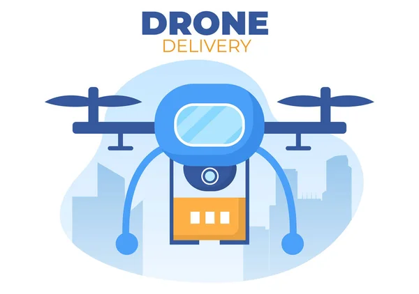 Leveringsservice Gebruik Drone Achtergrond Vector Illustratie Werknemer Distributie Dozen Met — Stockvector
