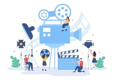 Kamera Ekibi İnsanlarıyla Film Stüdyosu, Yönetmen, Işıklar, Mikrofon Sahne Çekim Konumu Düz Tasarım Arkaplan Resimlerinde Film Çekme Konumu