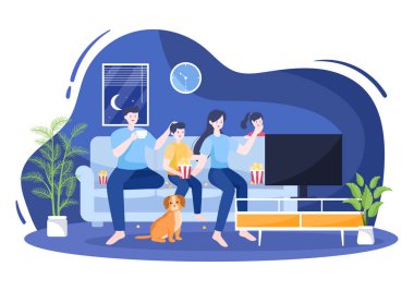 Evde Film İzlemek için Ses Sistemi ile Sinema Film Gecesi Poster veya Sancak İçin Düz Tasarım Resimleri