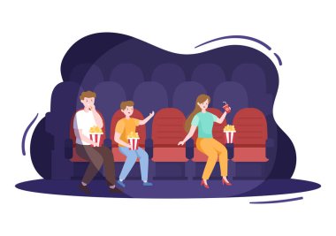 Flat Design Illustration 'da Bir Film İzleyen Kırmızı Sandalyelerde Birlikte Oturan Arkadaşlarla Gece Sineması Gala Ekranı
