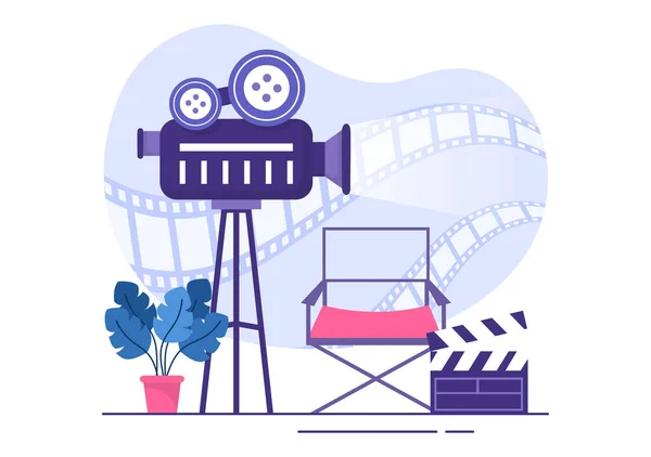 Estreno Película Show Cinema Camera Popcorn Clapperboard Film Tape Reel — Vector de stock